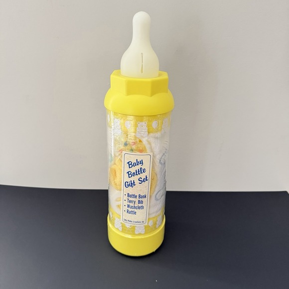 Silly Phillie Creations Other - Vtg Silly Phillie Baby Bottle Coin Bank Gift Set Yellow Bib Washcloth Rattle Set